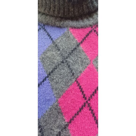 VTG Jeanne Pierre Argyle Turtleneck Sweater Size M Gray Fuschia Lambswool Angora - Picture 6 of 6